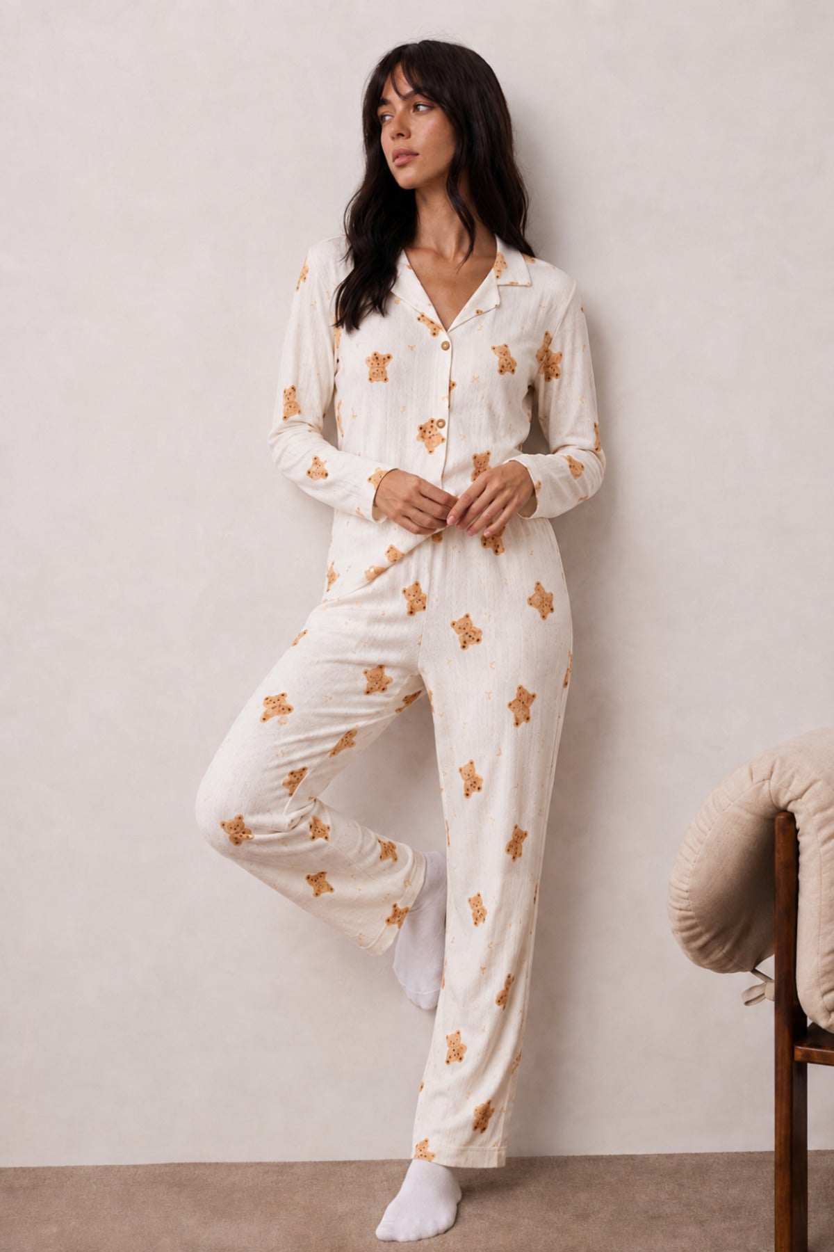 Kadın Uzun Kollu Düğmeli Alt Üst Uyku Pijama Takımı