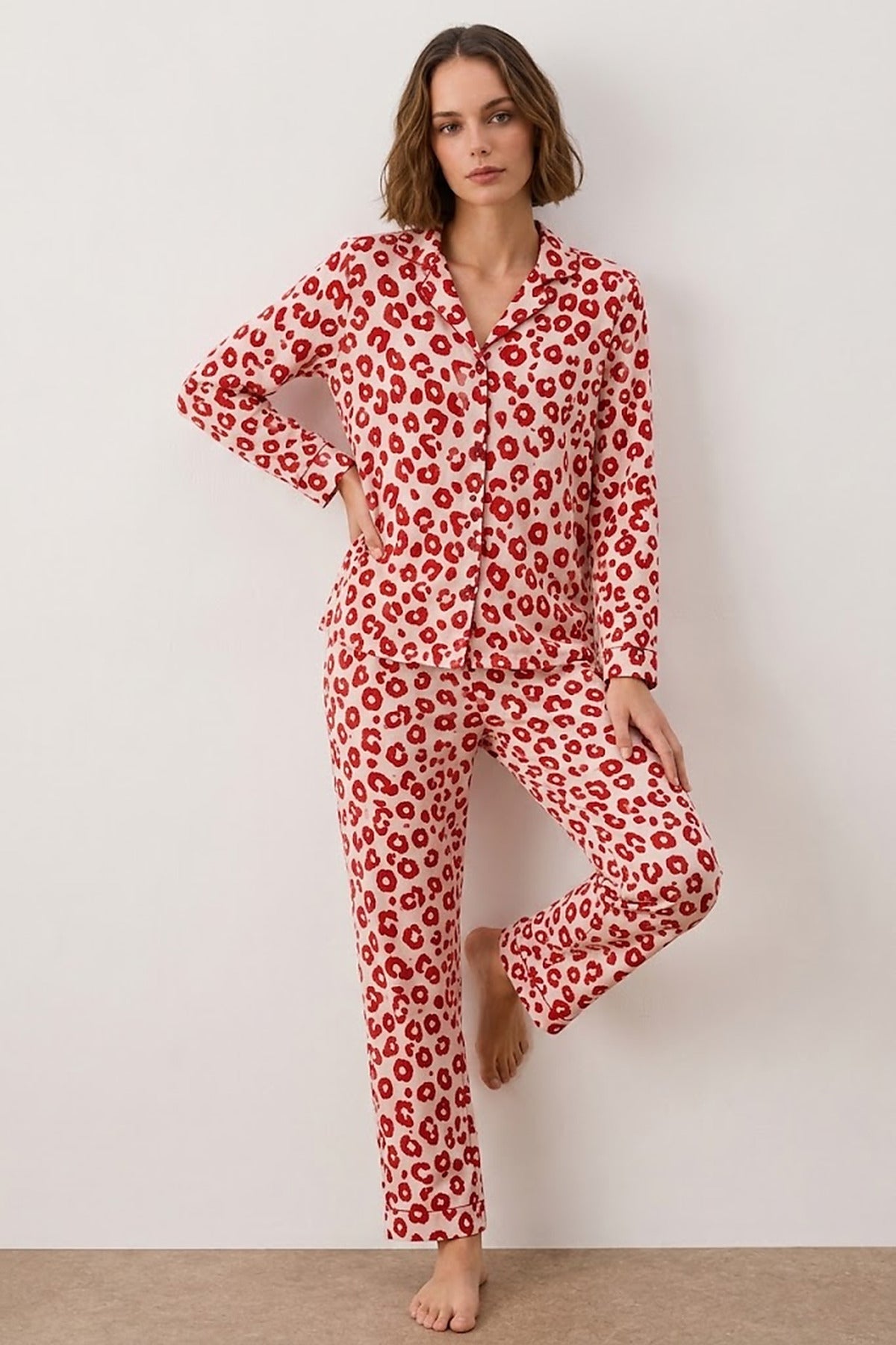 Kadın Gömlek Yakalı Uzun Kollu Pijama Seti