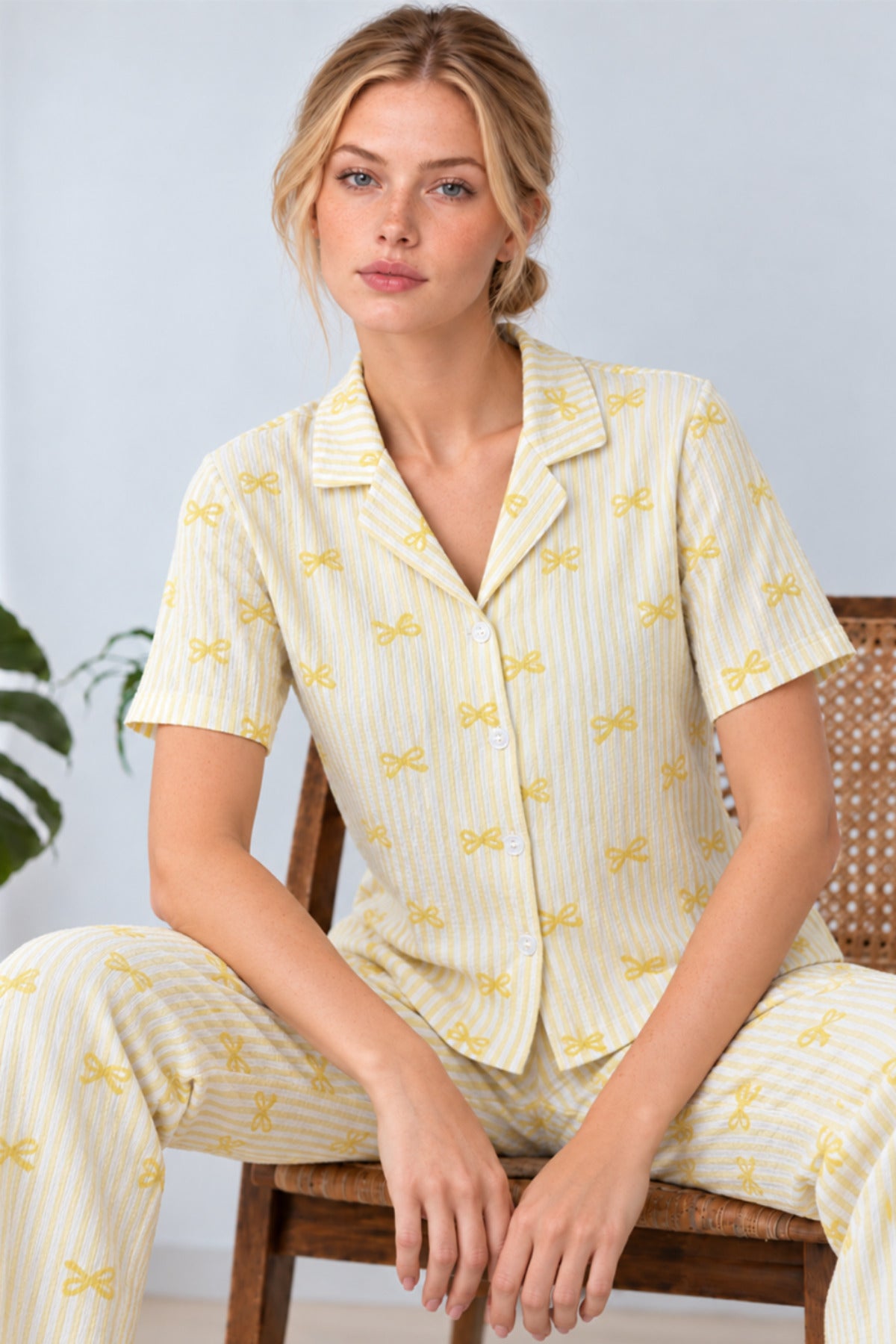Kadın Gömlek Yaka Desenli Pijama Takımı 4816