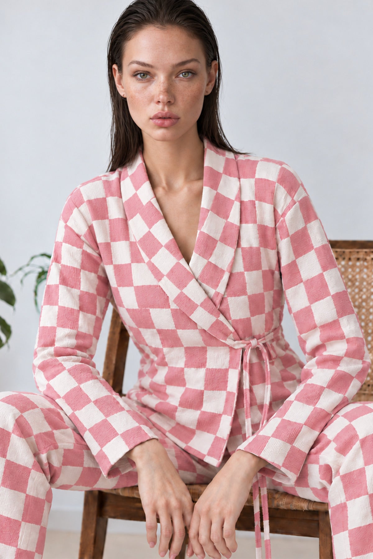 Kadın Kruvaze Yaka Kareli Beli Kuşaklı Pembe Pijama Takımı 4785