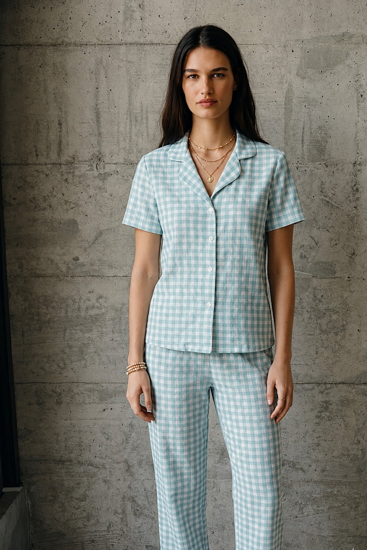 V Yaka Düğmeli Casual Pijama Takımı
