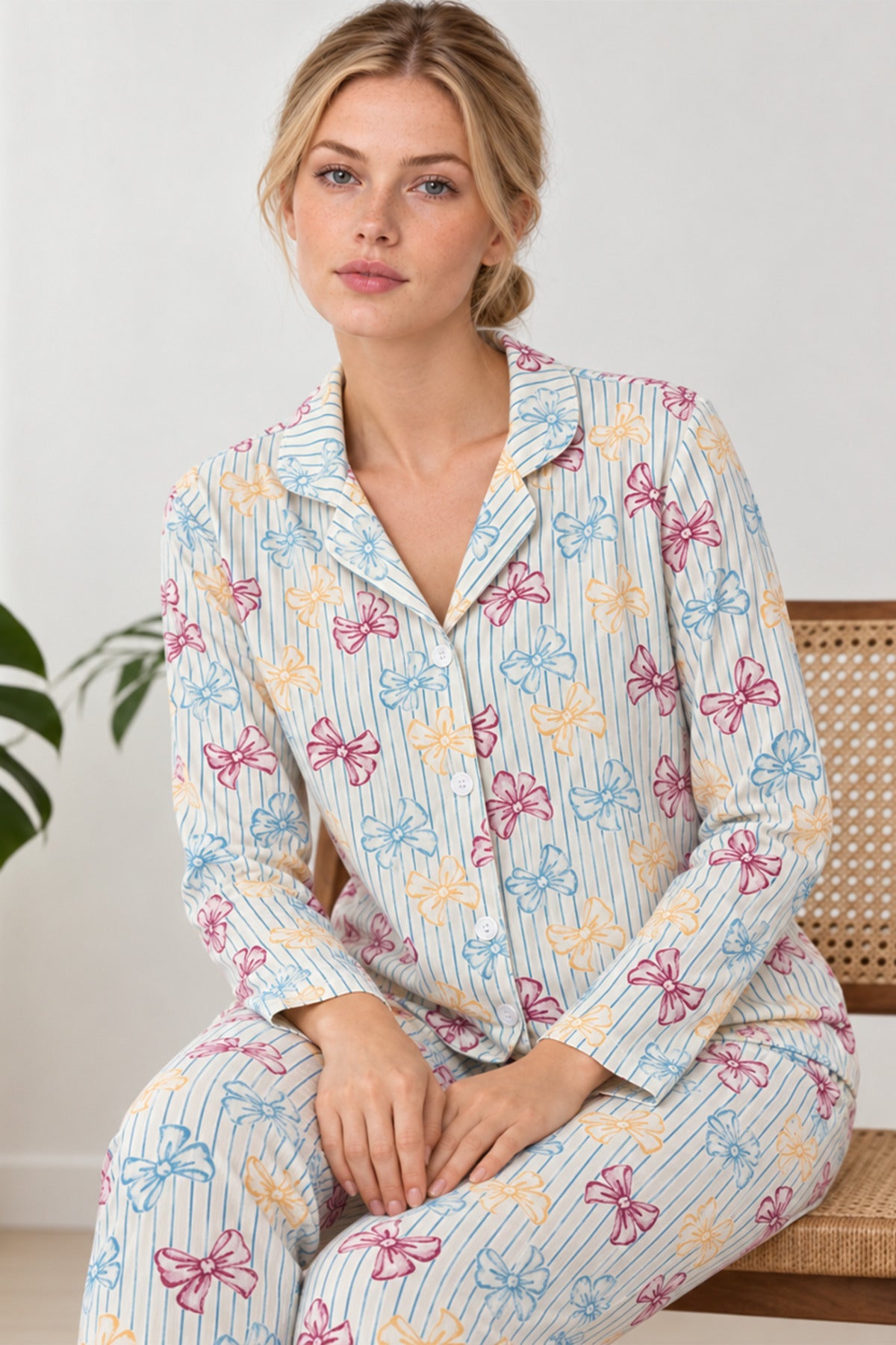 Kadın Kurdela Desenli Bol Renkli Pijama Takımı 4798