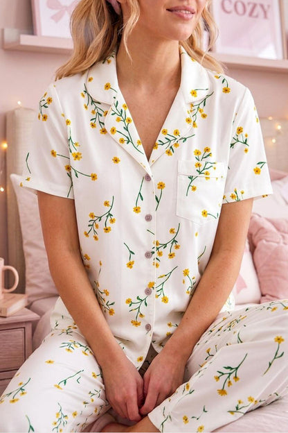 Çiçek Baskılı Bürümçük Kumaş Kısa Kollu Pijama Takımı 6067