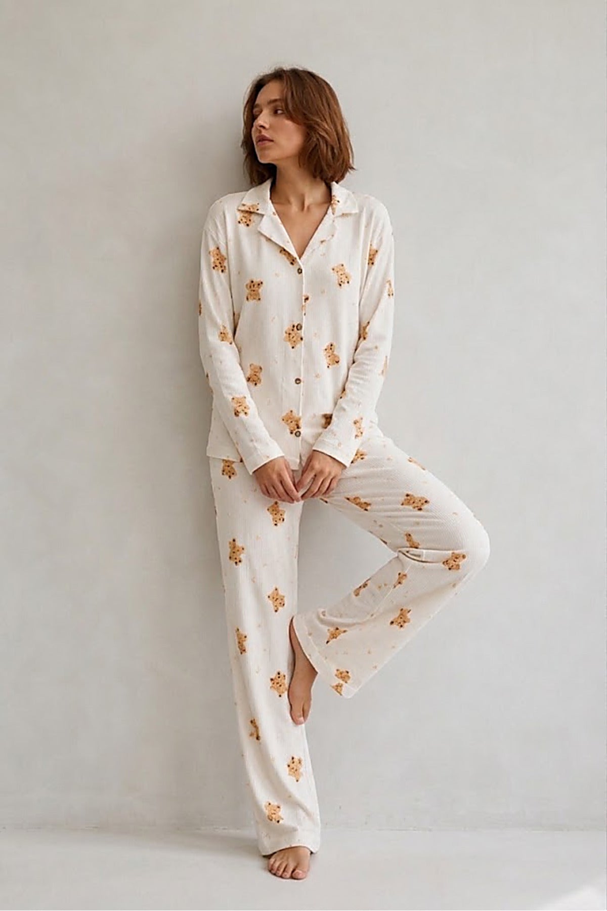 Kadın Gömlek Yaka Düğmeli Gece Giyimi Pijama Takımı