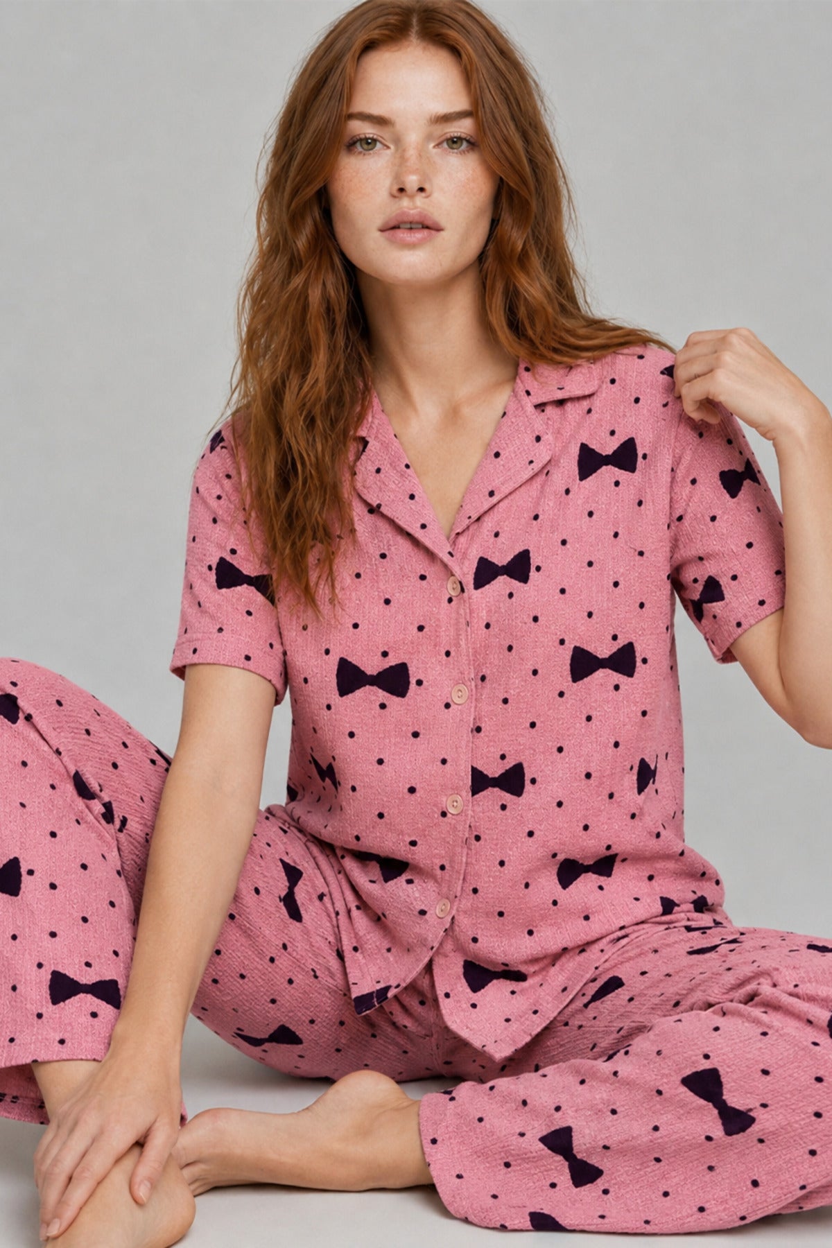 Kadın Kısa Kol Desenli Pijama Takımı 4729
