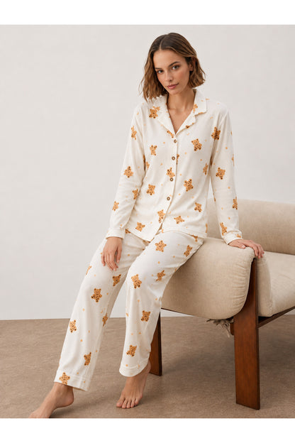 Kadın Gömlek Yakalı Uzun Kollu Pijama Seti