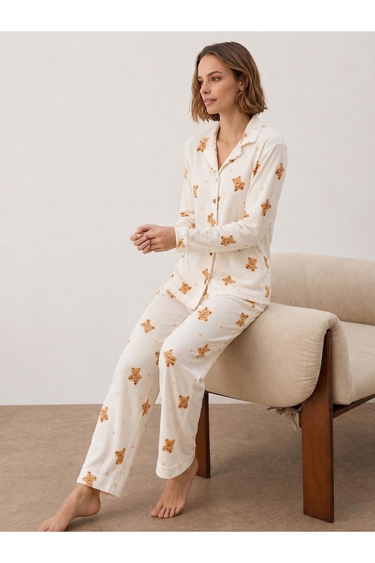 Kadın Gömlek Yakalı Uzun Kollu Pijama Seti