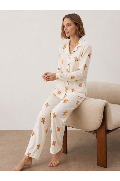 Kadın Gömlek Yakalı Uzun Kollu Pijama Seti