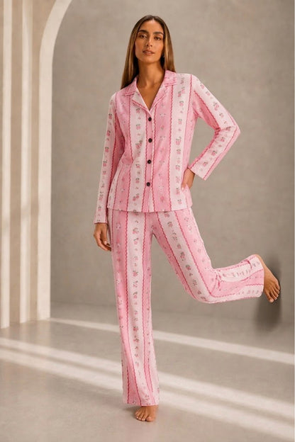 Kadın Önden Düğmeli Uzun Kollu Alt Üst Pijama Takımı