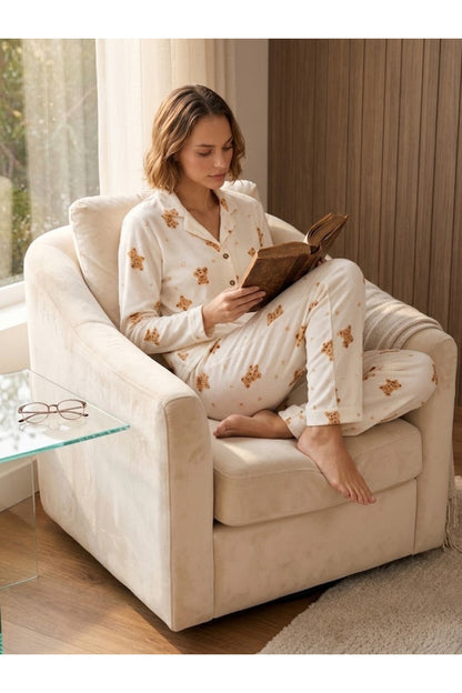 Kadın Gömlek Yakalı Uzun Kollu Pijama Seti
