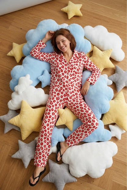 Kadın Gömlek Yaka Düğmeli Gece Giyimi Pijama Takımı