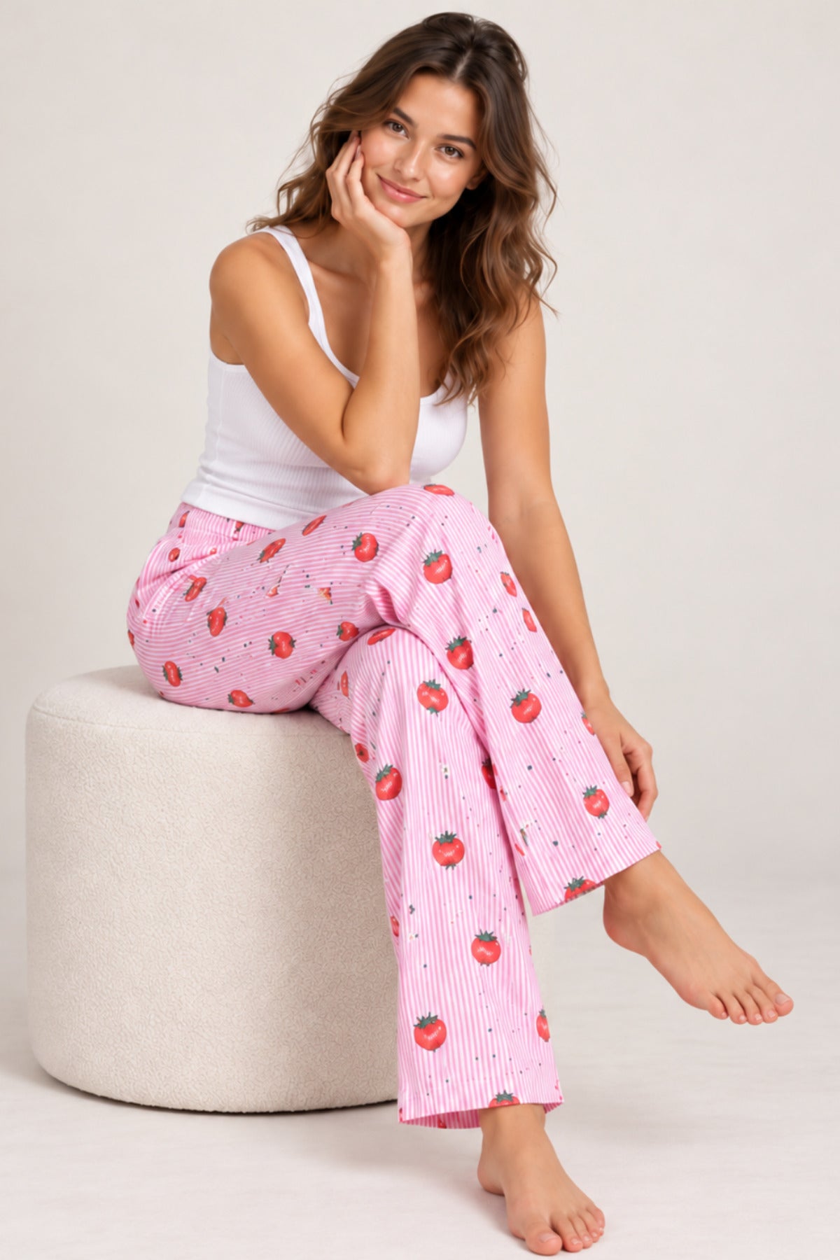 Kadın Çizgili Bluz Desenli Askılı Pijama Takımı