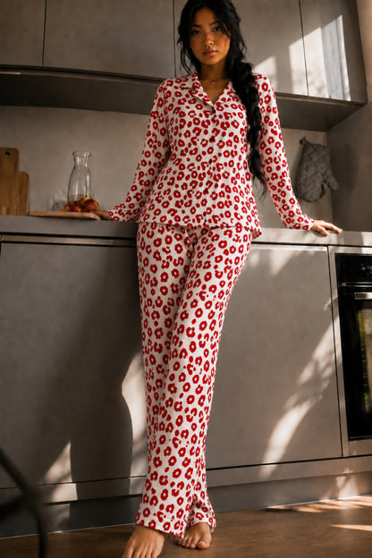 Kadın Düğmeli Gömlek Yaka Ev Giyimi Pijama Takımı