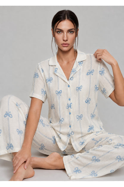 Kadın Uzun Kollu Gömlek Yaka Çizgili Kalpli Pijama Takımı 4770