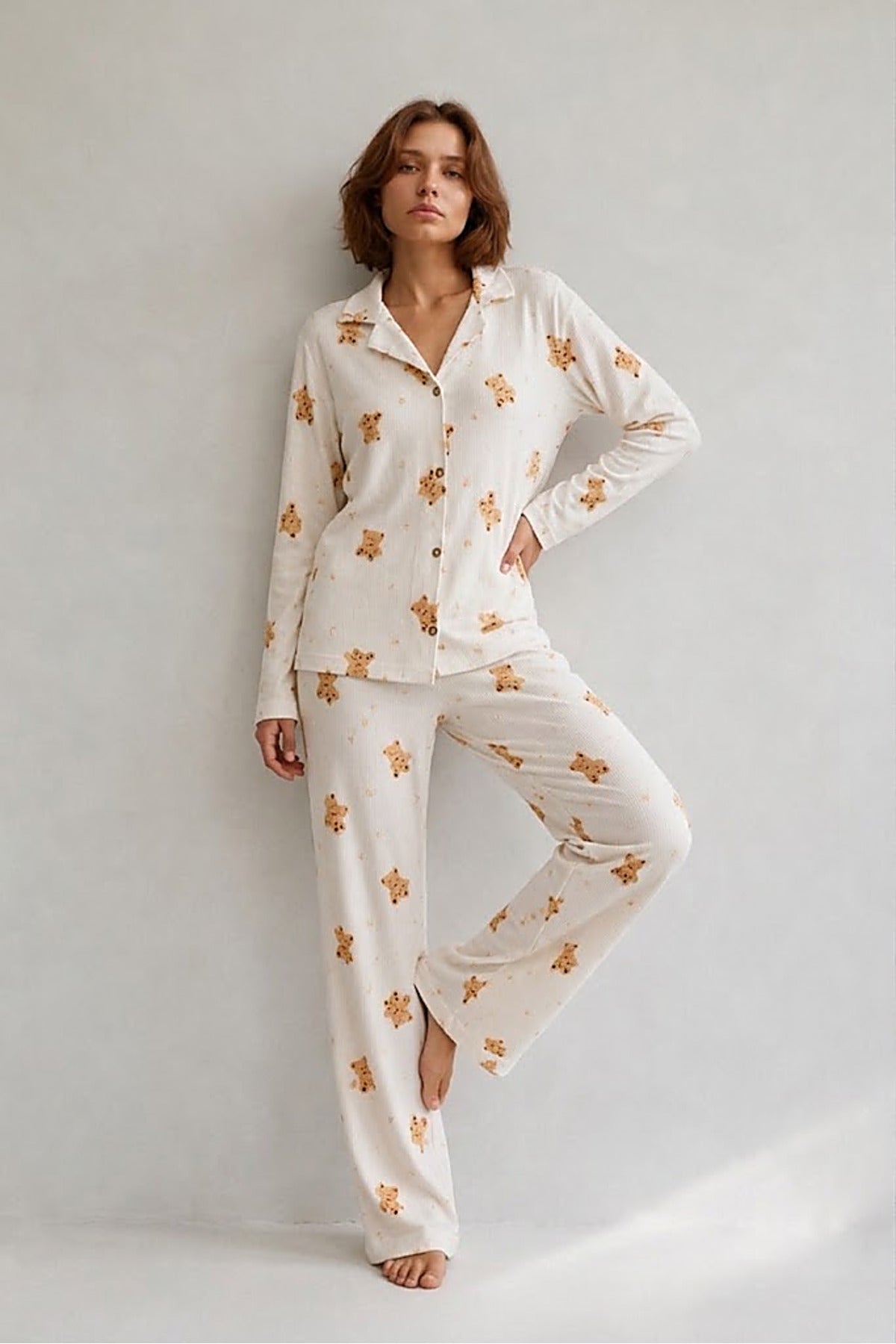 Kadın Gömlek Yaka Düğmeli Gece Giyimi Pijama Takımı