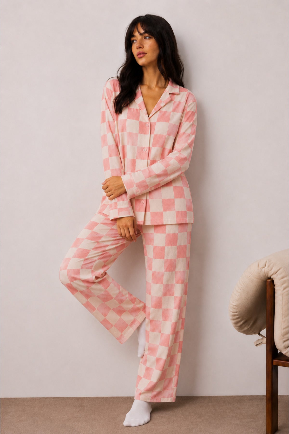 Kadın Düğmeli Kışlık Ev Pijama Takımı