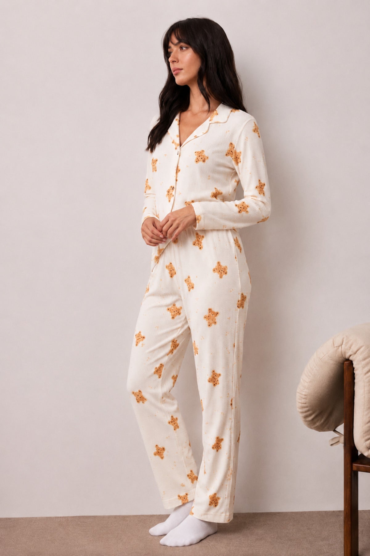 Kadın Uzun Kollu Düğmeli Alt Üst Uyku Pijama Takımı
