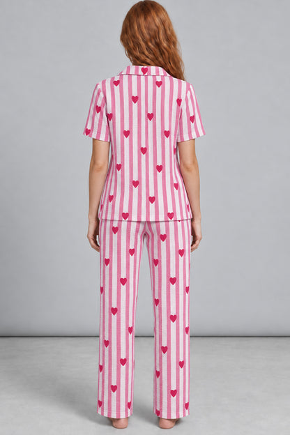 Kadın Rahat Kalıp Gömlek Yaka Pembe Kalpli Pijama Takımı 4769