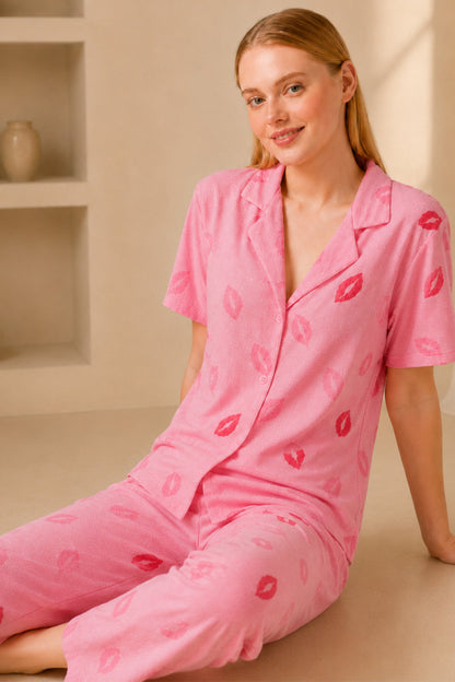 Dudak Desenli Pijama Takımı 4646-pembe