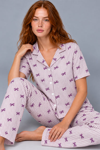 Kadın Çizgili Fiyonk Desenli Kısa Kollu Pijama Takımı 4811