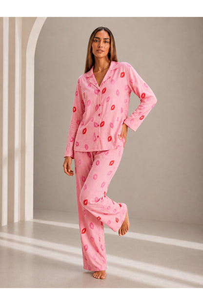 Kadın Önden Düğmeli Uzun Kollu Pembe Pijama Takımı