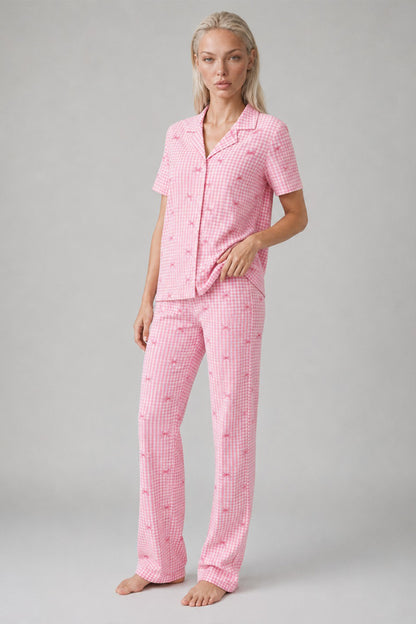 Ekose Fiyonk Desenli Kısa Kollu Pijama Takımı Kadın Düğmeli Uzun Alt Pembe Pijama Takımı 4633