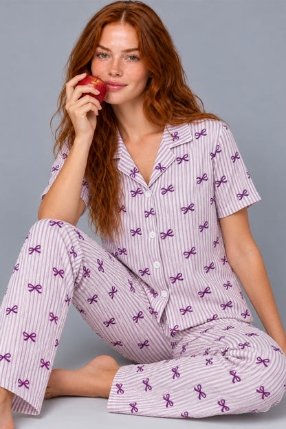 Kadın Çizgili Fiyonk Desenli Kısa Kollu Pijama Takımı 4811