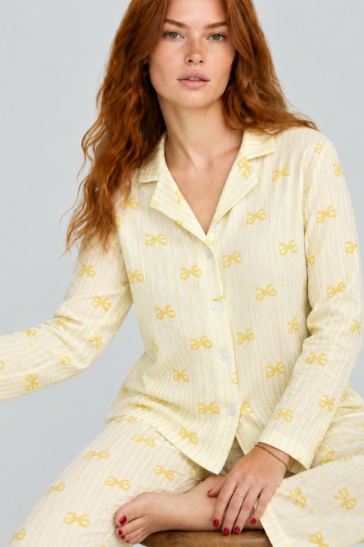 Kadın Çizgili Fiyonk Desenli Kısa Kollu Pijama Takımı 4811