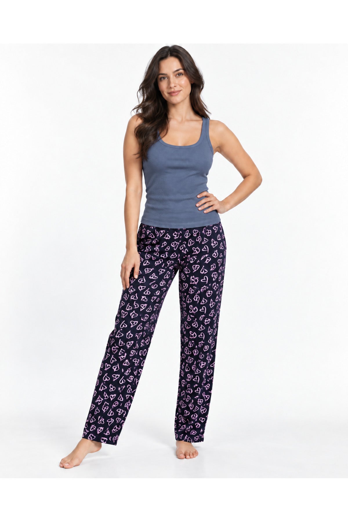 Kadın Çizgili Bluz Desenli Askılı Pijama Takımı