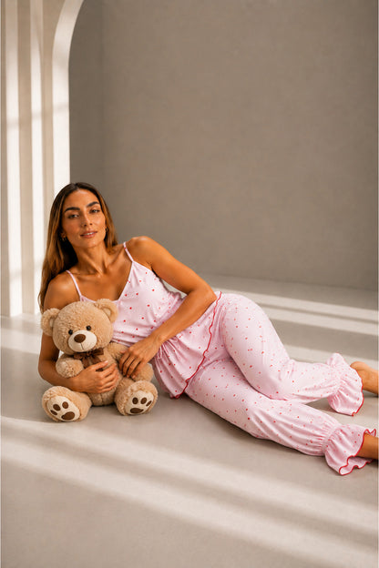 Kadın Viskoz Ayarlanabilir Bel Pembe Pijama Takımı
