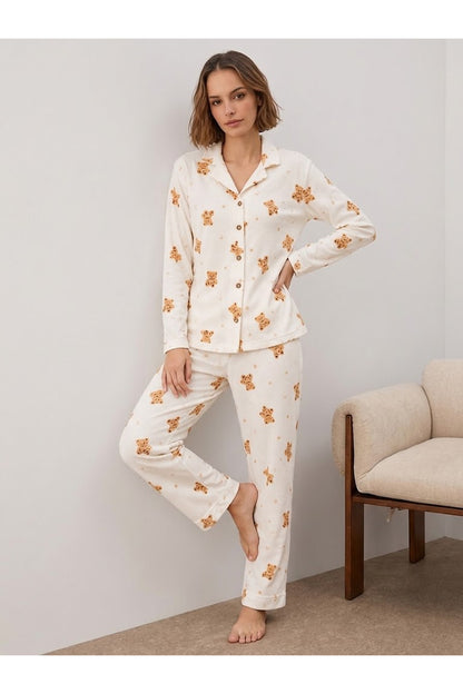 Kadın Gömlek Yakalı Uzun Kollu Pijama Seti