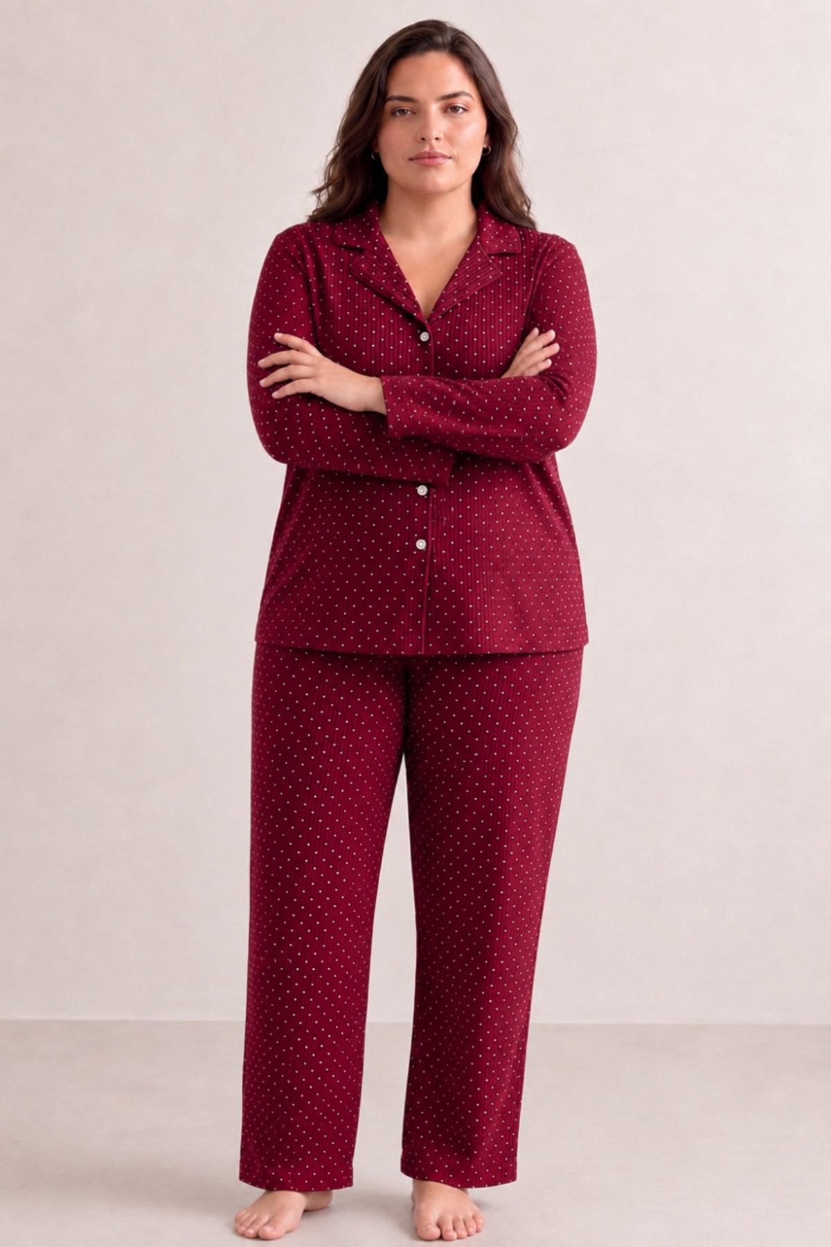 Kadın Puantiyeli Düğmeli Pijama Takımı 852