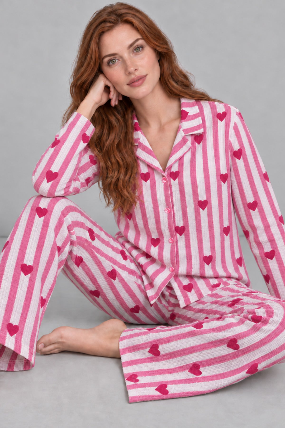 Kadın Uzun Kollu Gömlek Yaka Çizgili Kalpli Pijama Takımı 4770