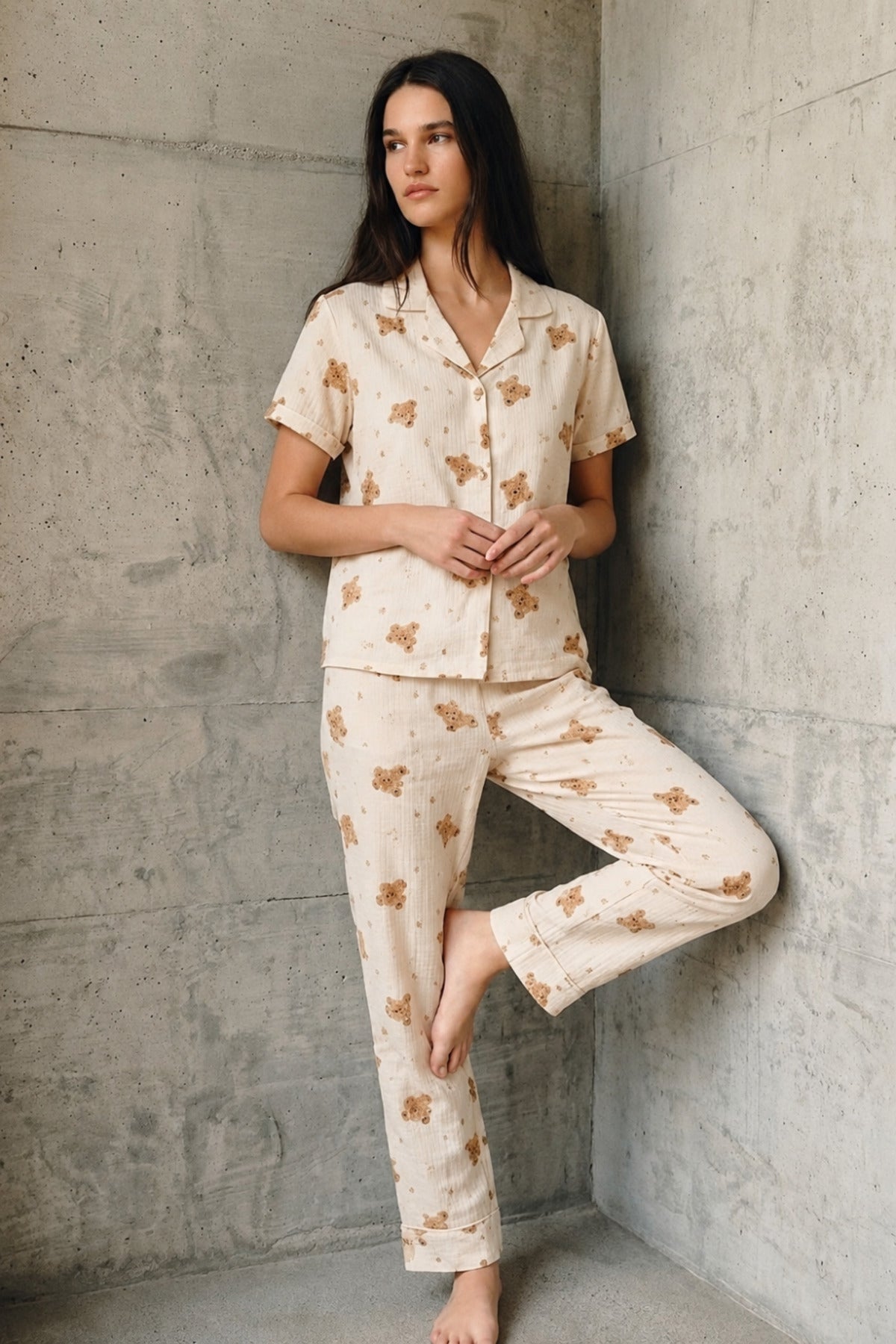 V Yaka Düğmeli Casual Pijama Takımı