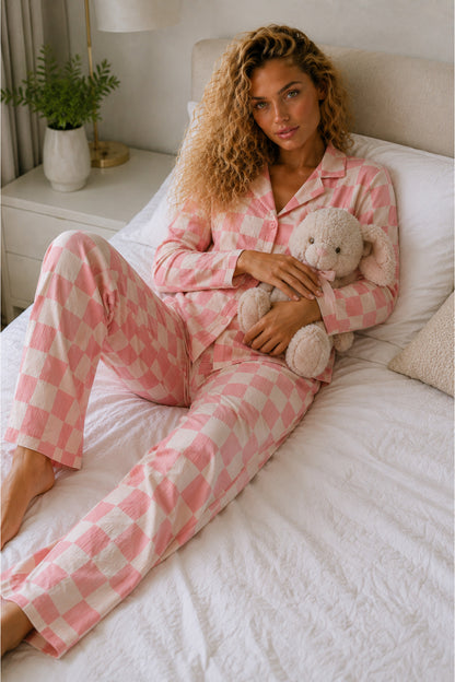 Kadın Örme Gömlek Yaka Pijama Takımı
