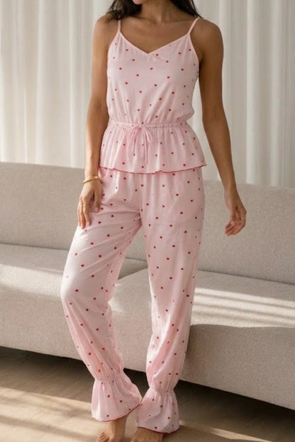 Kadın Baskılı Bağcıklı 2 Parça Pembe Pijama Takımı