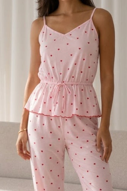 Kadın Baskılı Bağcıklı 2 Parça Pembe Pijama Takımı