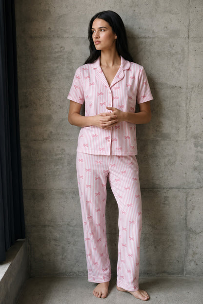 V Yaka Düğmeli Casual Pijama Takımı