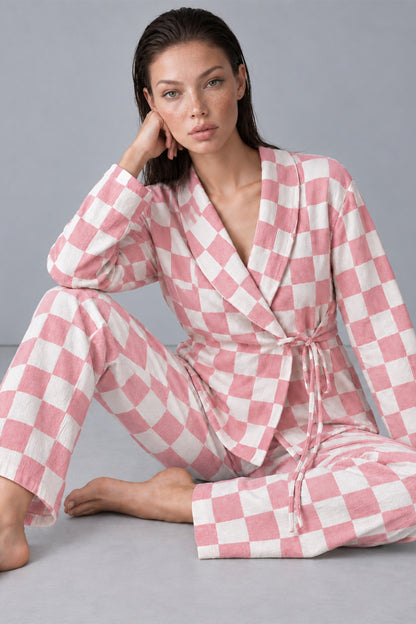 Kadın Kruvaze Yaka Kareli Beli Kuşaklı Pembe Pijama Takımı 4785