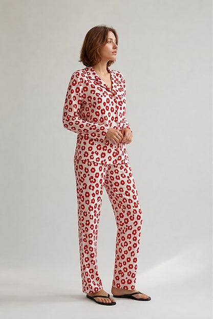 Kadın Gömlek Yaka Düğmeli Gece Giyimi Pijama Takımı
