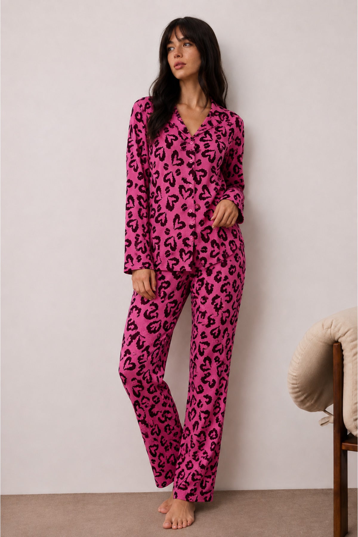 Kadın Düğmeli Kışlık Ev Pijama Takımı