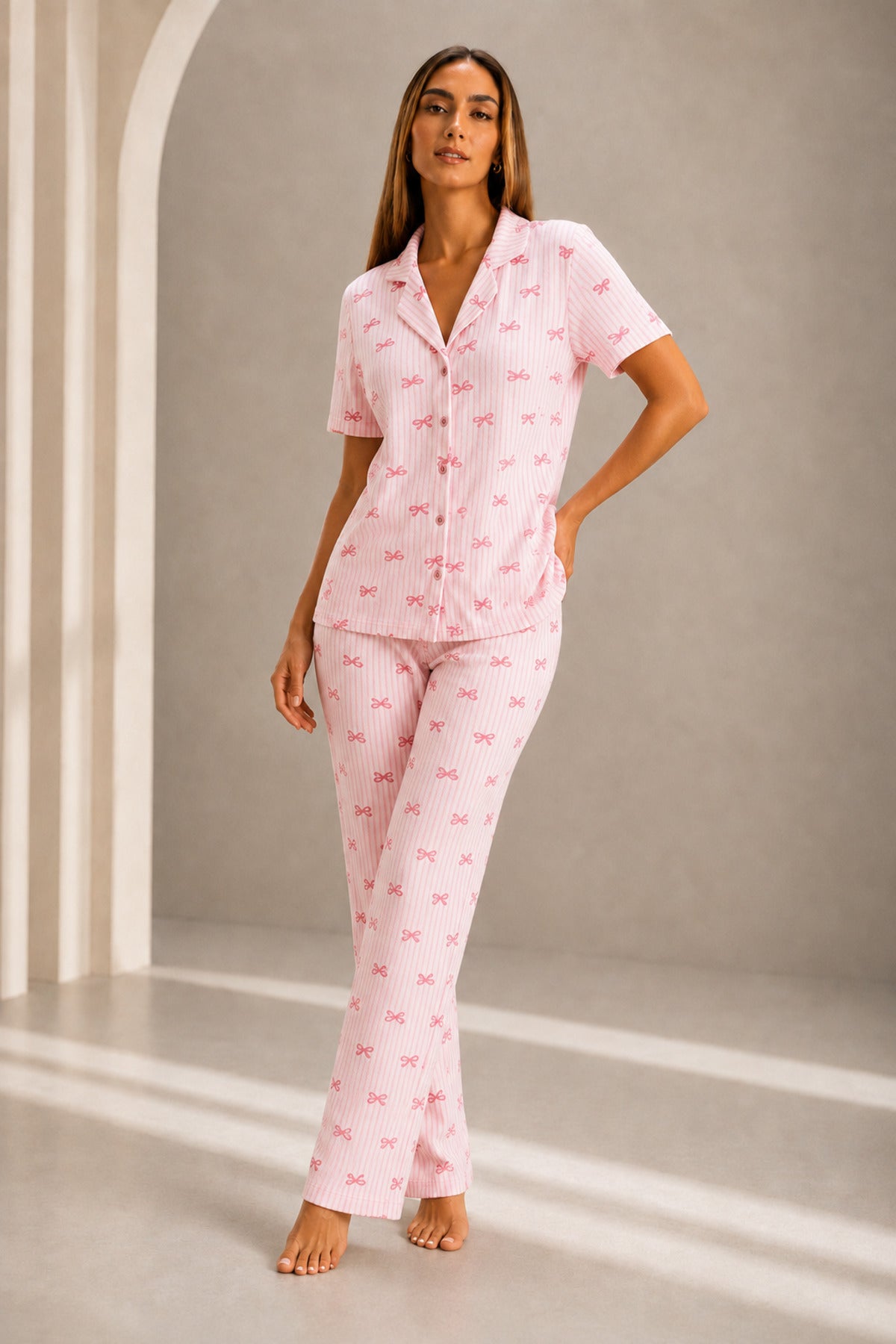 Kadın Kısa Kol Rahat Kalıp Şık Pijama Takımı