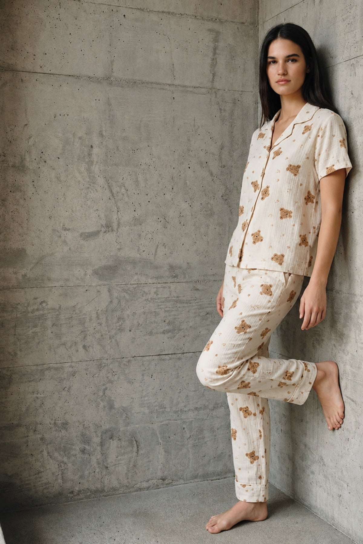 V Yaka Düğmeli Casual Pijama Takımı