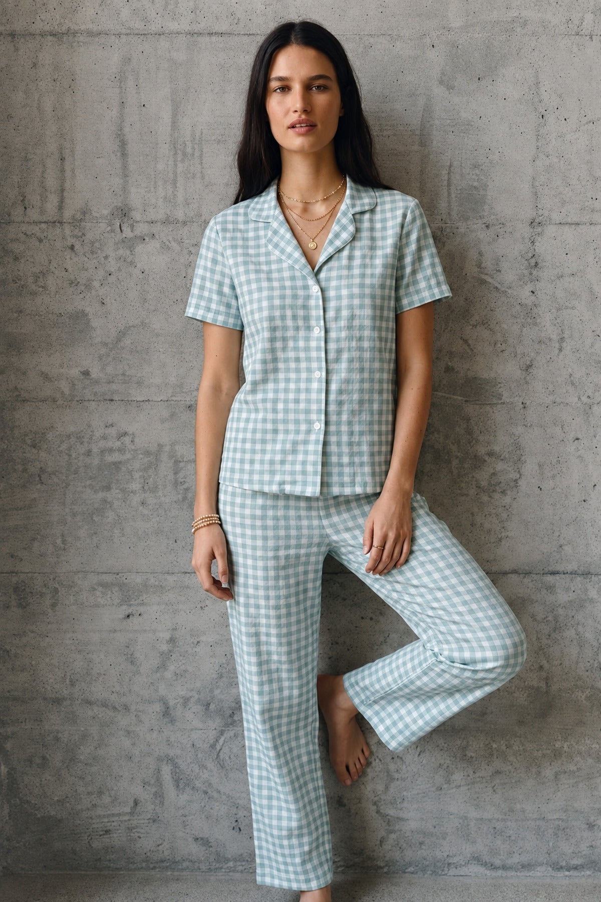 V Yaka Düğmeli Casual Pijama Takımı