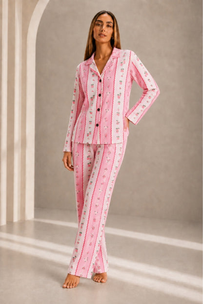 Kadın Önden Düğmeli Uzun Kollu Alt Üst Pijama Takımı