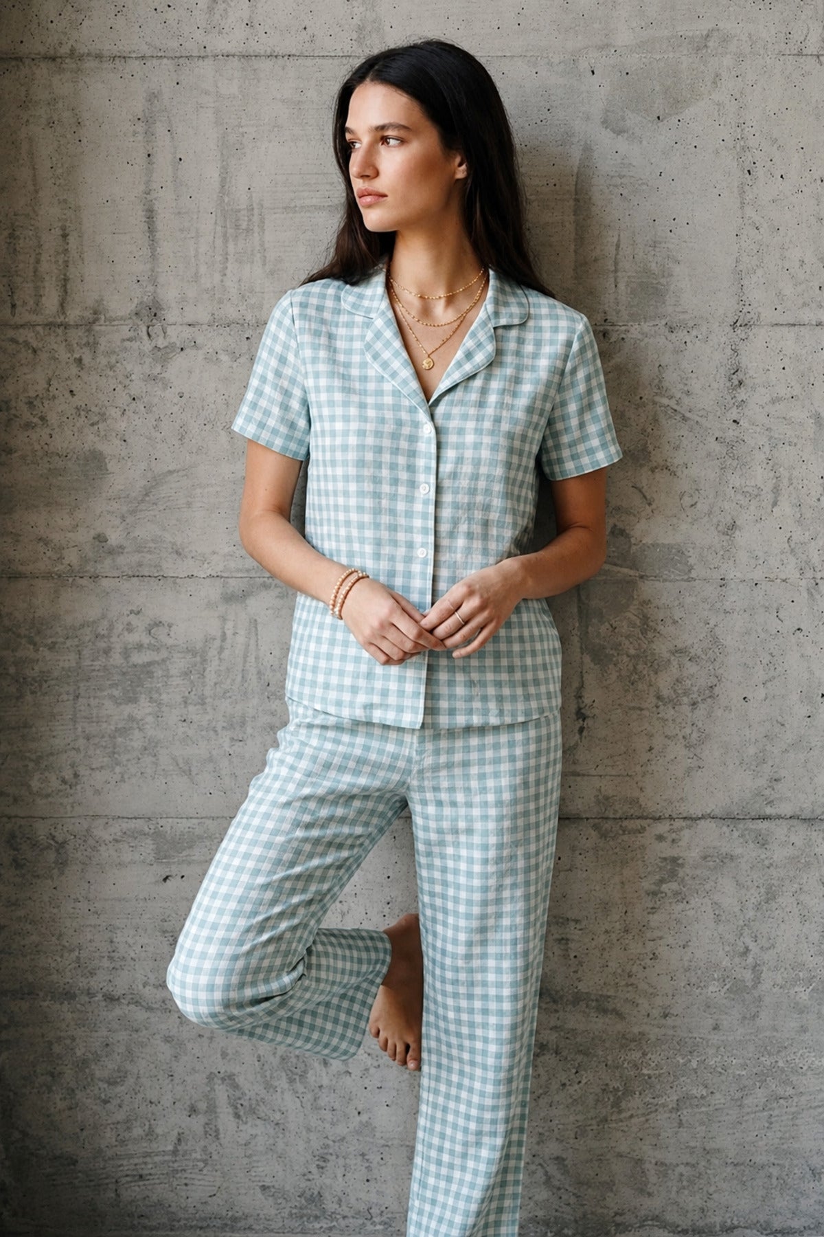 V Yaka Düğmeli Casual Pijama Takımı