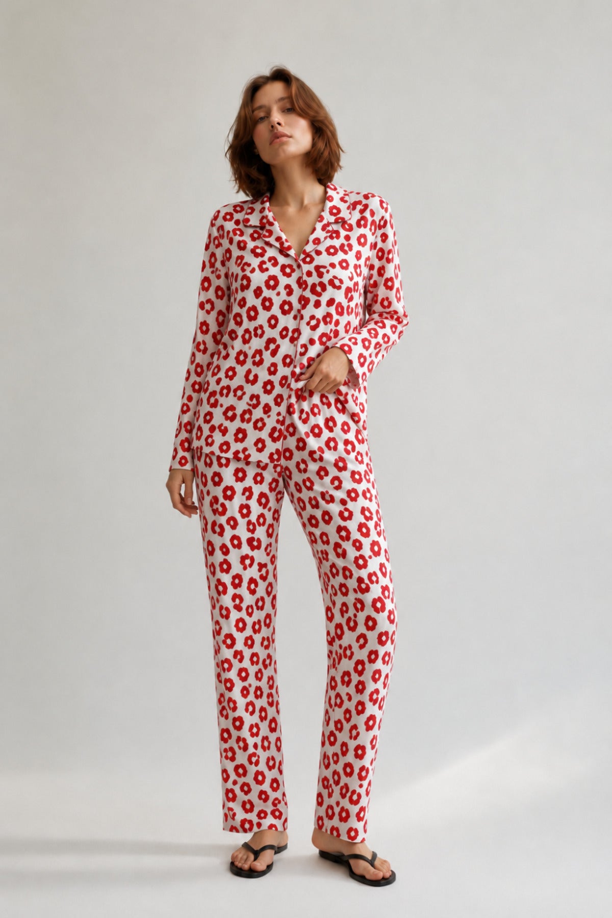 Kadın Gömlek Yaka Düğmeli Gece Giyimi Pijama Takımı