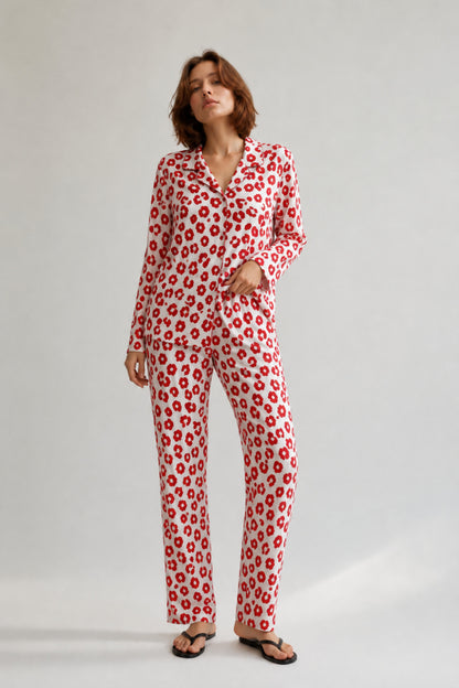 Kadın Gömlek Yaka Düğmeli Gece Giyimi Pijama Takımı