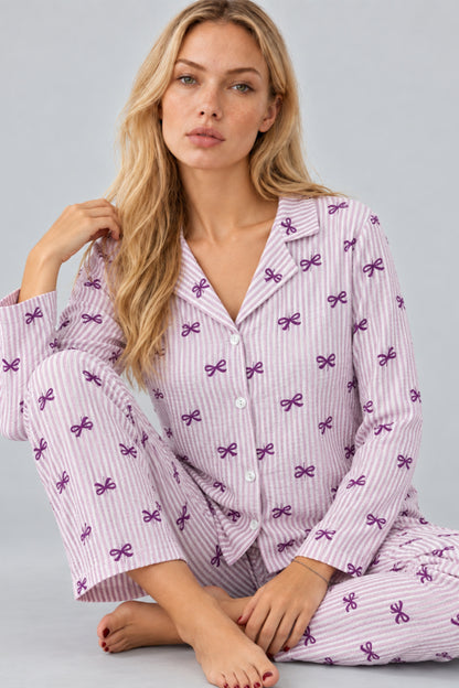 Kadın Gömlek Yaka Desenli Pijama Takımı 4816