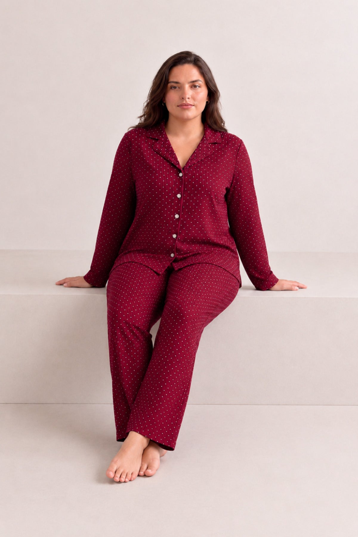 Kadın Puantiyeli Düğmeli Pijama Takımı 852